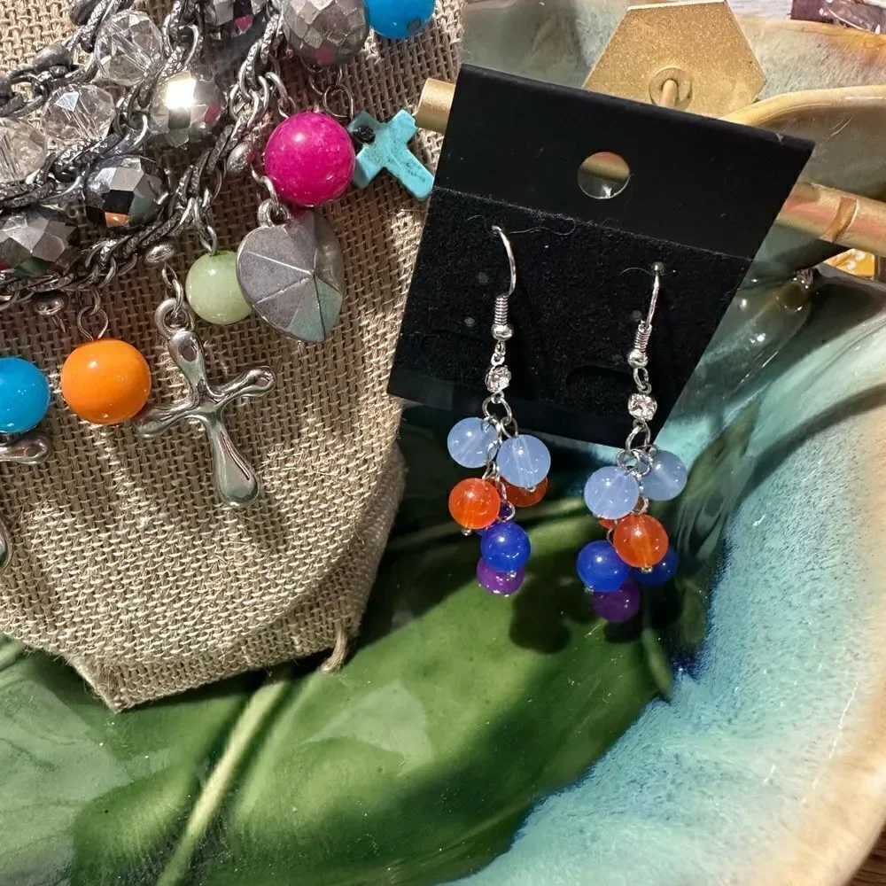 Multi Color Charm Necklace Crosses & Beads + Matching  Cluster Earrings